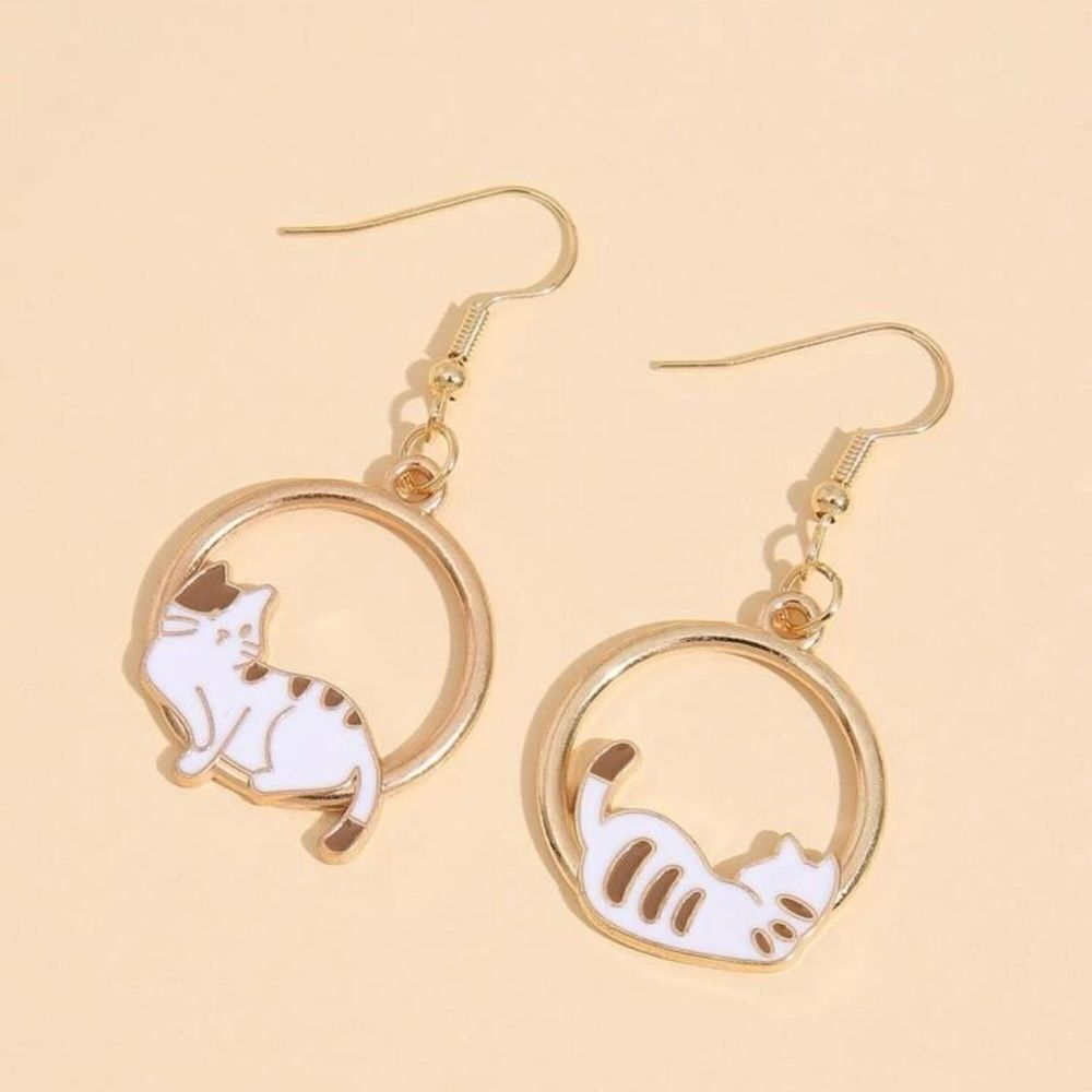 NEW Cat earrings dangle drop hoop circle earrings, white/gold cat jewelry